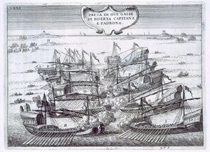 Dos galeones de Birserta tomados por los italianos en una batalla naval, principalmente de galeazas, ilustración de 